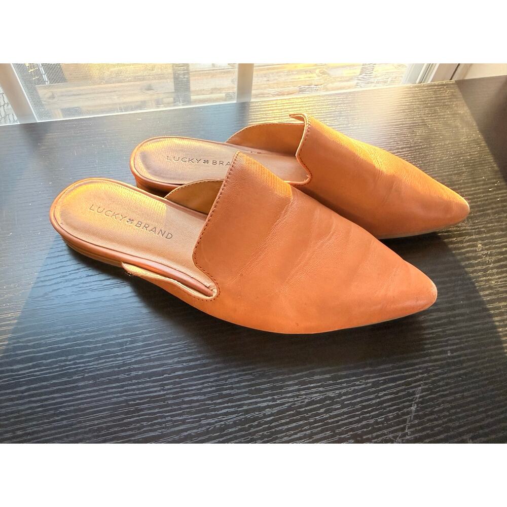 Lucky Brand Brynnuh Leather Mule Flats Women’s Size 8 Cognac Pointed Toe Slip On
